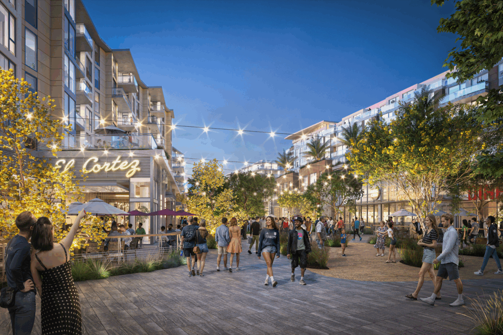 Rendering of Midway Rising showing a lively community with people walking, restaurants, and green public spaces